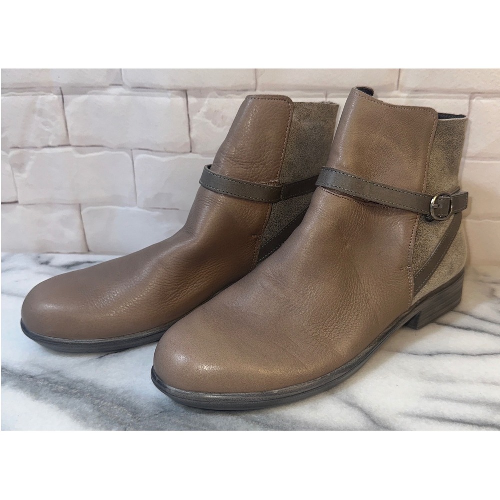 Naot Leather Ankle Boots Stone Gray Buckle Strap Side Zip 39 US 8 Made in Israel